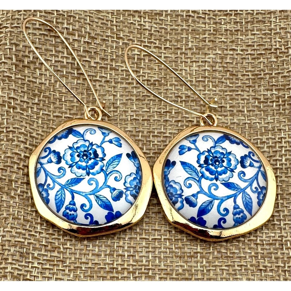 Cobalt Blue Floral Earrings Epoxy Resin Dangle Gold Tone Hoop Earwires